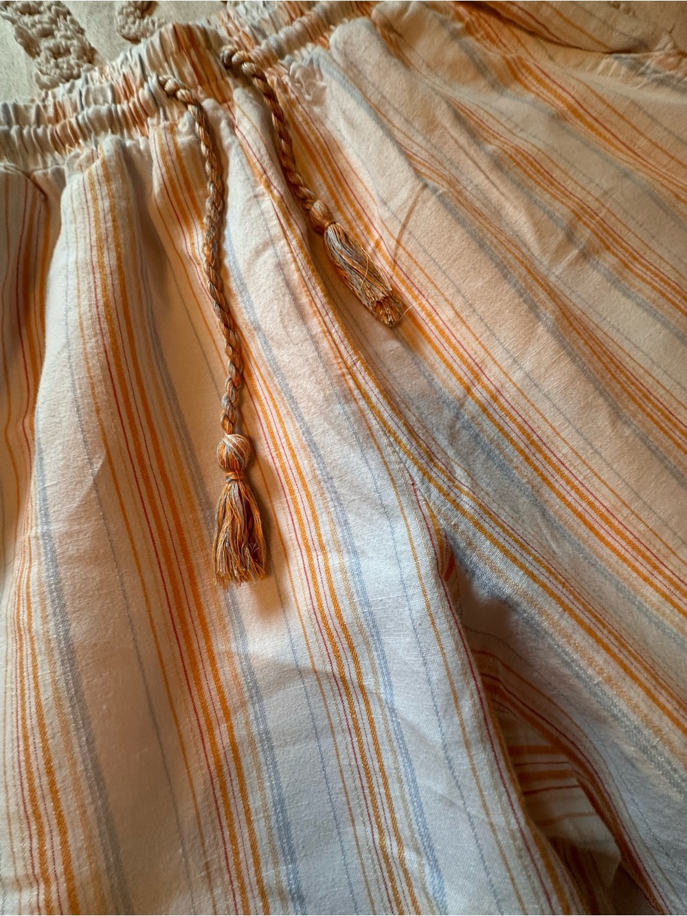 For Cynthia Cream Pants with Orange and Blue Stripes